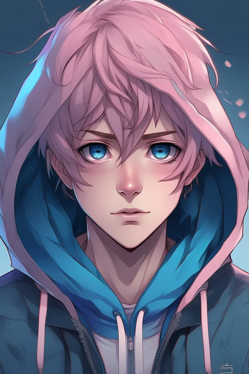 An anime man with messy short pink hair and narrow blue eyes wearing a hooded jacket Realistic.