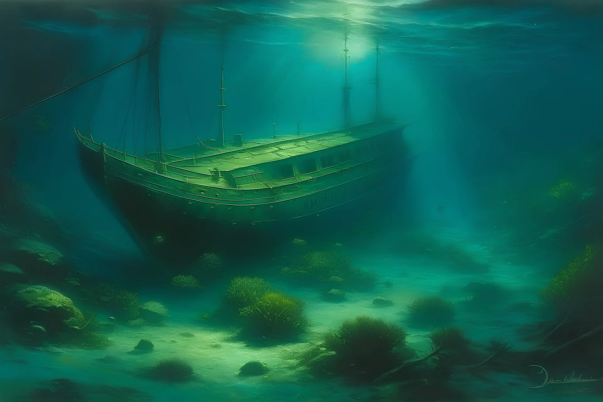 A shipwreck in deep underwater painted by Birge Harrison