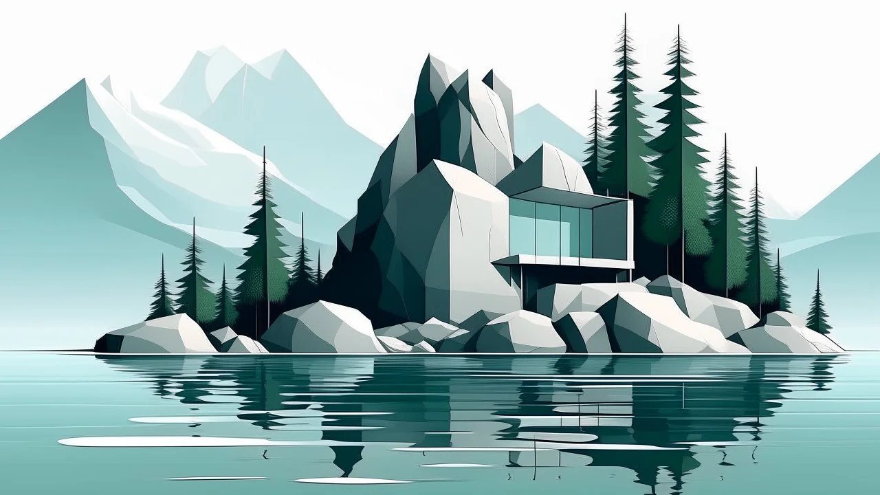 MINIMALIST CUBIC BUILDING ON THE ROCKY SHORE OF A LAKE, Tagalog, Thin, Afternoon, Tropical forest, Vector field