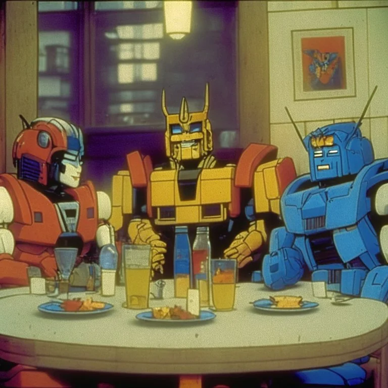 Optimus prime, bumblebee and ratchet in a restaurant in 1990, sitcom style tv show.