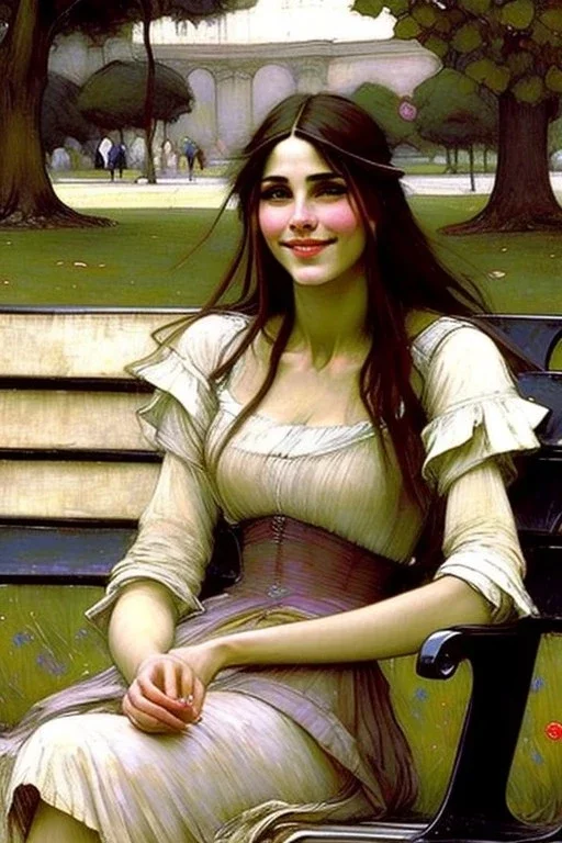 Woman smiling sitting on a park bench. John William Waterhouse