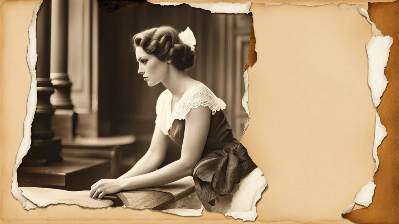 old photograph, torn edges, beautiful woman,