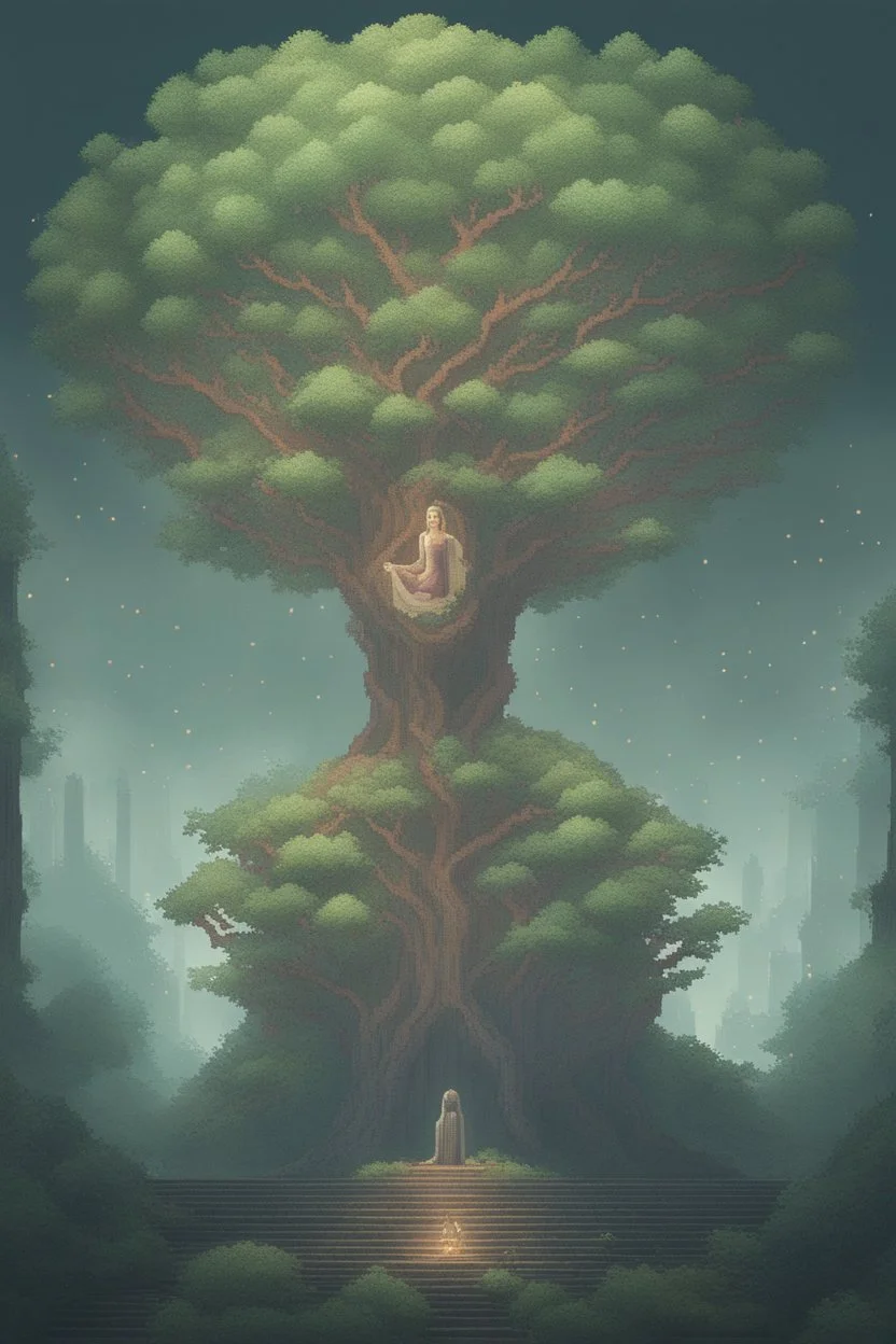 a pixel tree that sprouts in the shape of a goddess