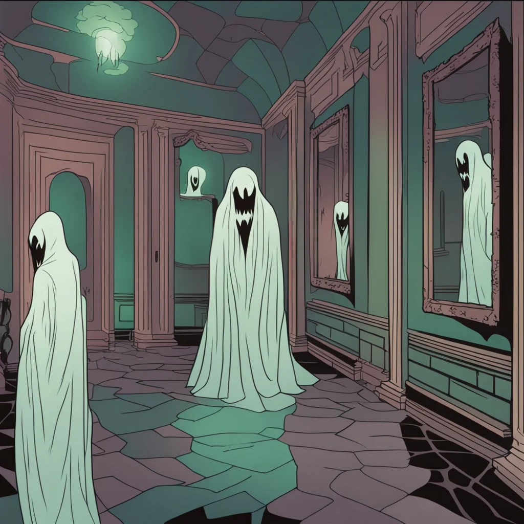 ghostly wraiths and smoky phantoms in a hall with broken mirrors in cinemascope colors