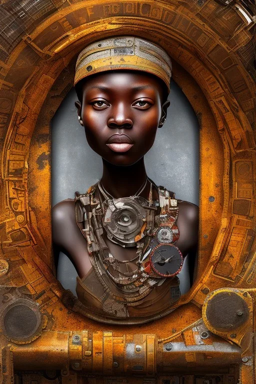 african portrait in rusted clocks, rust, scaffolding, perfect face, high detail