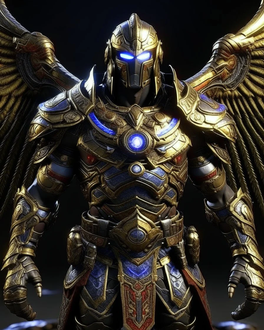 An armor made of a mixture of steel and leather, worn by a strong commander with magical power infinity gauntlet has six infinity stones And two big wings on his back