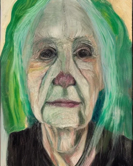 Abstract portrait of an old woman with green eyes and white hair