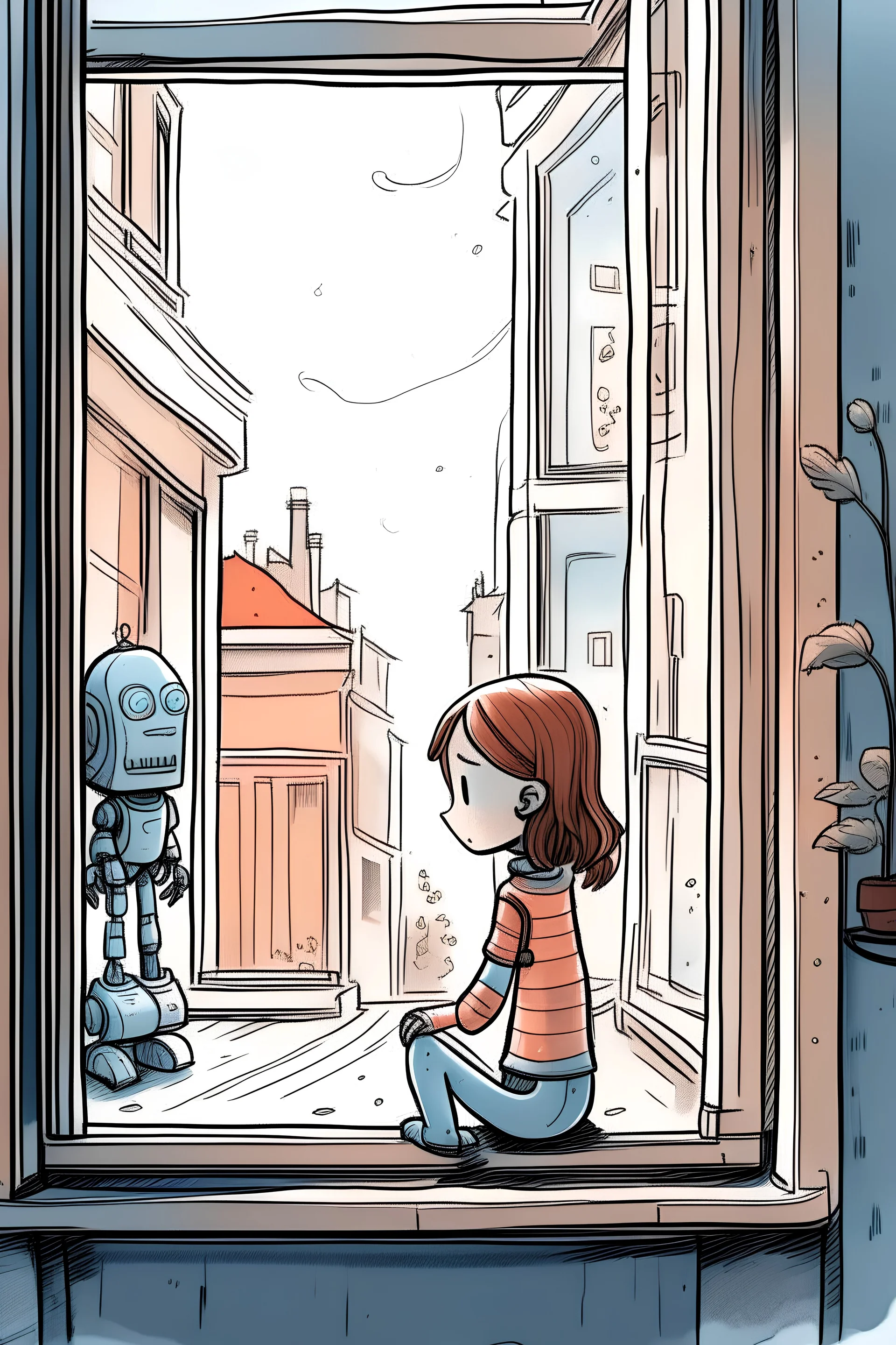 Drawing of a robot in outside a window and a girl is inside and looking at it