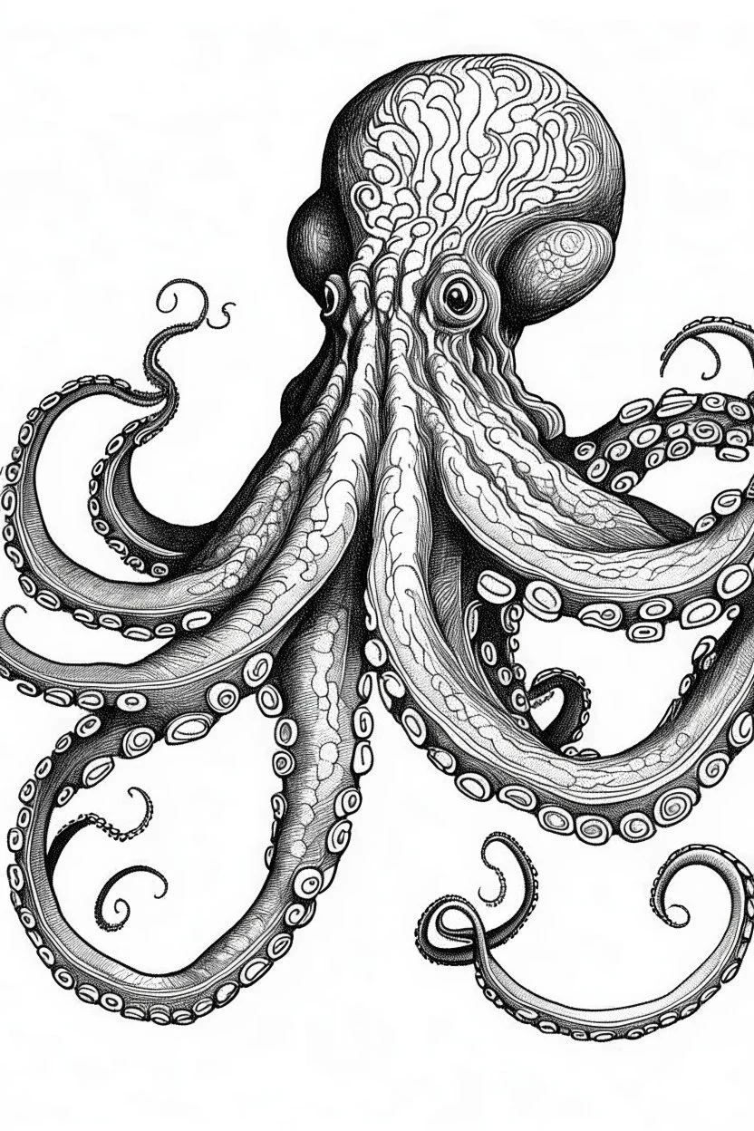 Outline art, no shading, full body octopus, black and white, low detail, --ar 9:11