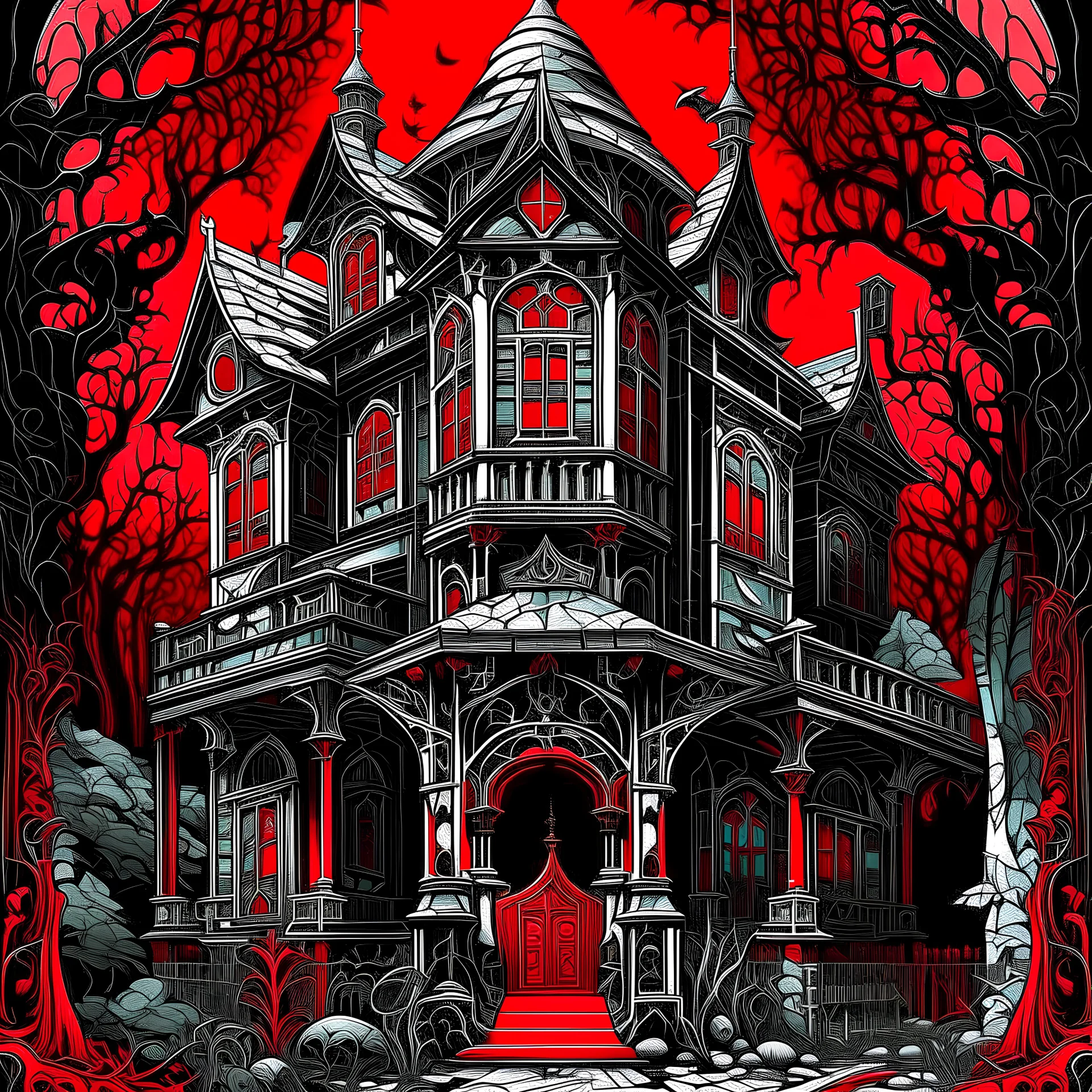 vibrant red, white, and black line art, stands tall amidst a richly detailed 3D cottage surrounded by a monochromatic tetradic color palette. The captivating scene takes place within a mysterious and dense gothic jungle, exuding an eerie and surreal atmosphere. The fusion of abstract art, street style, and baroque elements conveys a unique and visually striking composition that mesmerizes the viewer. High-definition details and impeccable execution elevate this artwork to the realm of photoreali