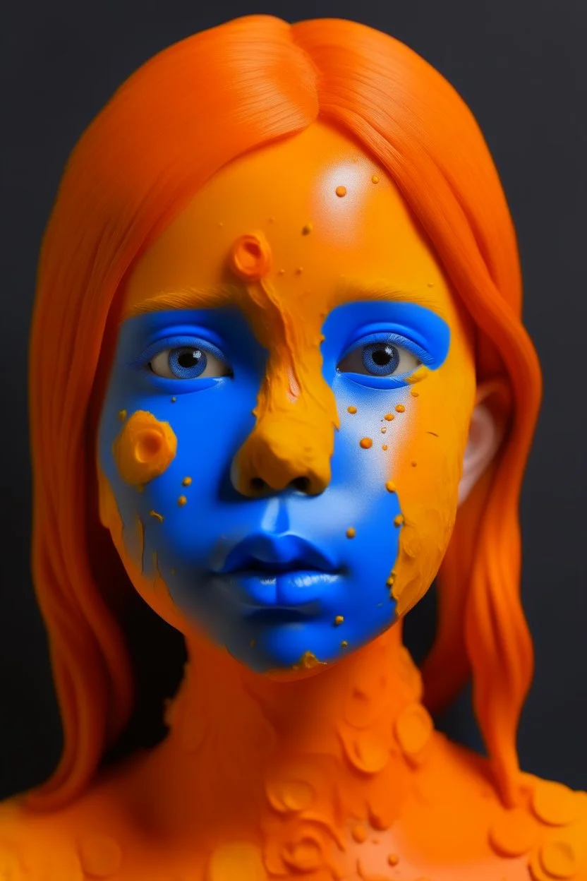 Human Girl face indigo rubber effect in all body with orange sponge hair