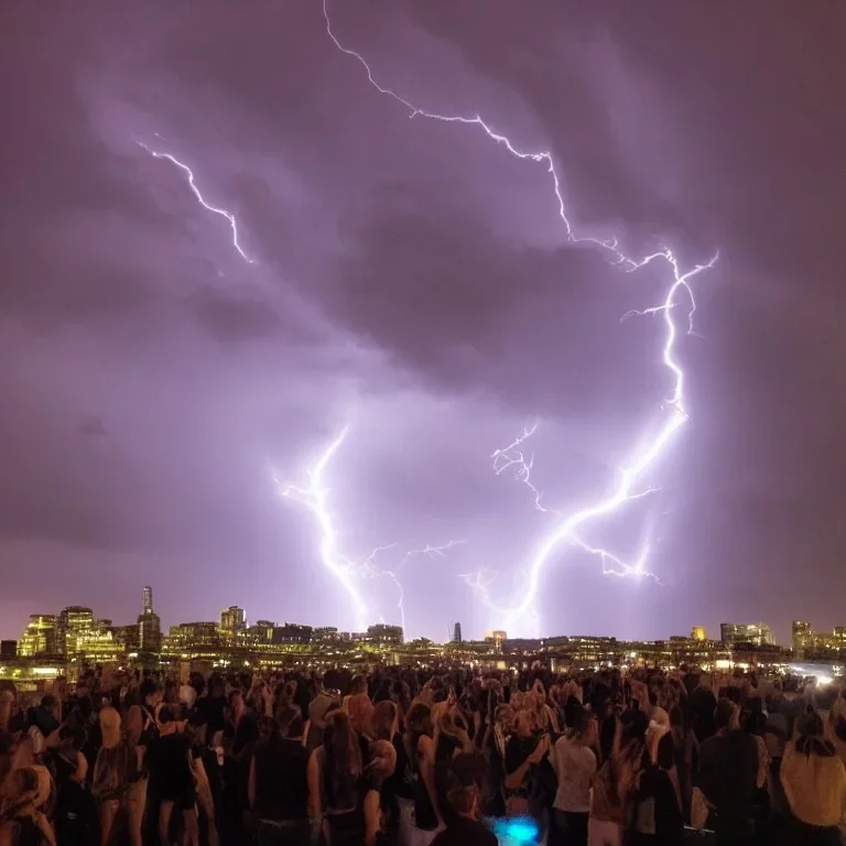 Lightning streaking across the sky as people twerk