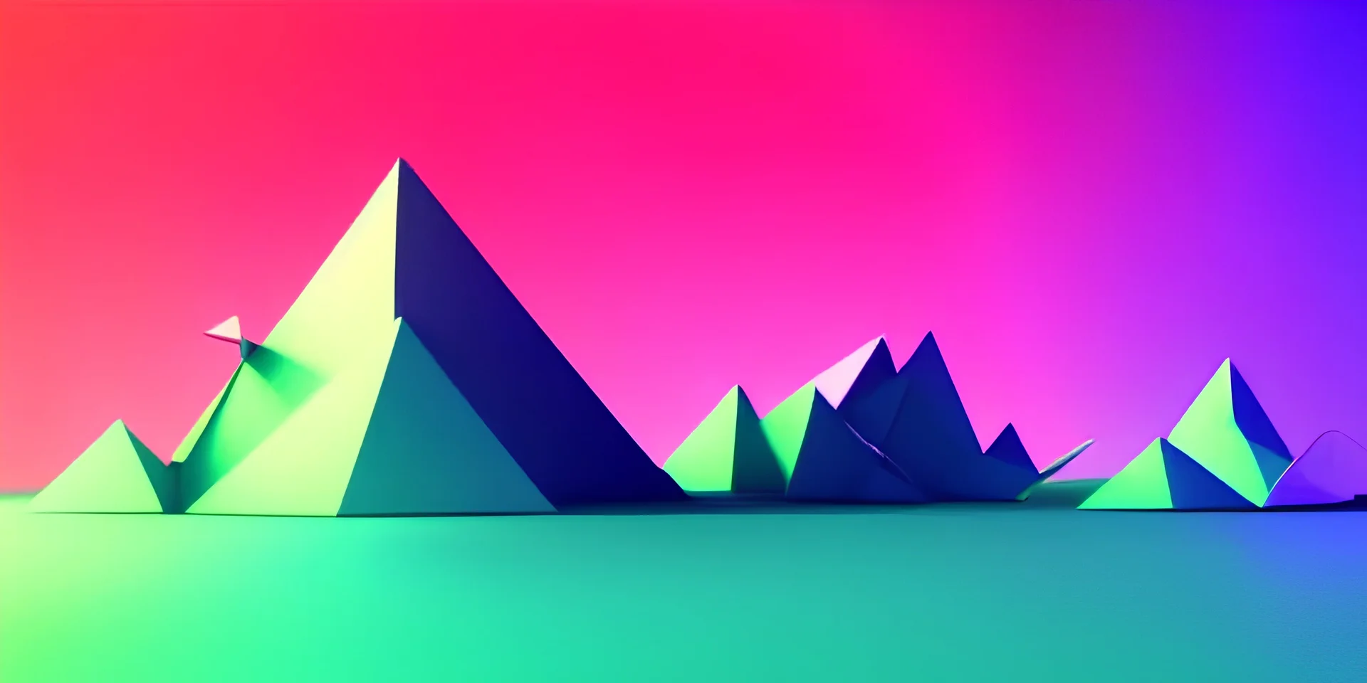 3d rendering. Abstract futuristic neon background. Fantastic landscape with glowing geometric triangular frame and mountains