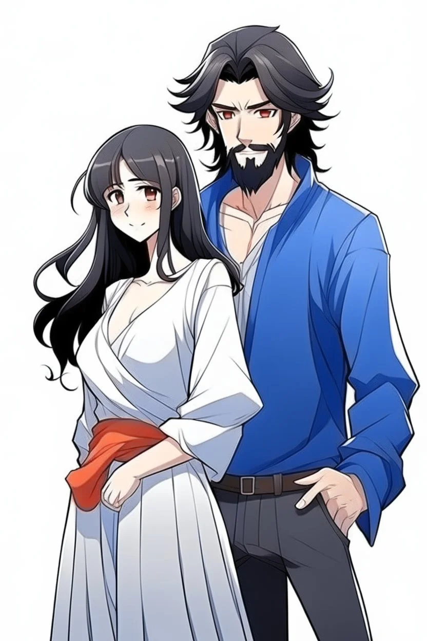 Anime man with beard, handsome and happy. Standing with Beautiful anime woman with black hair. Utopian universe