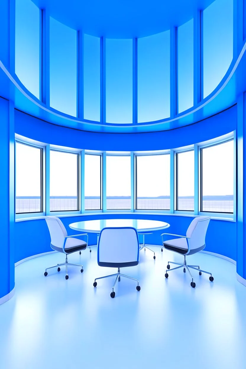 Offices office room hanging on the walls in an oval shape and the color of the walls is blue and the floor is white and the shape of the offices is curved and the office contains four chairs