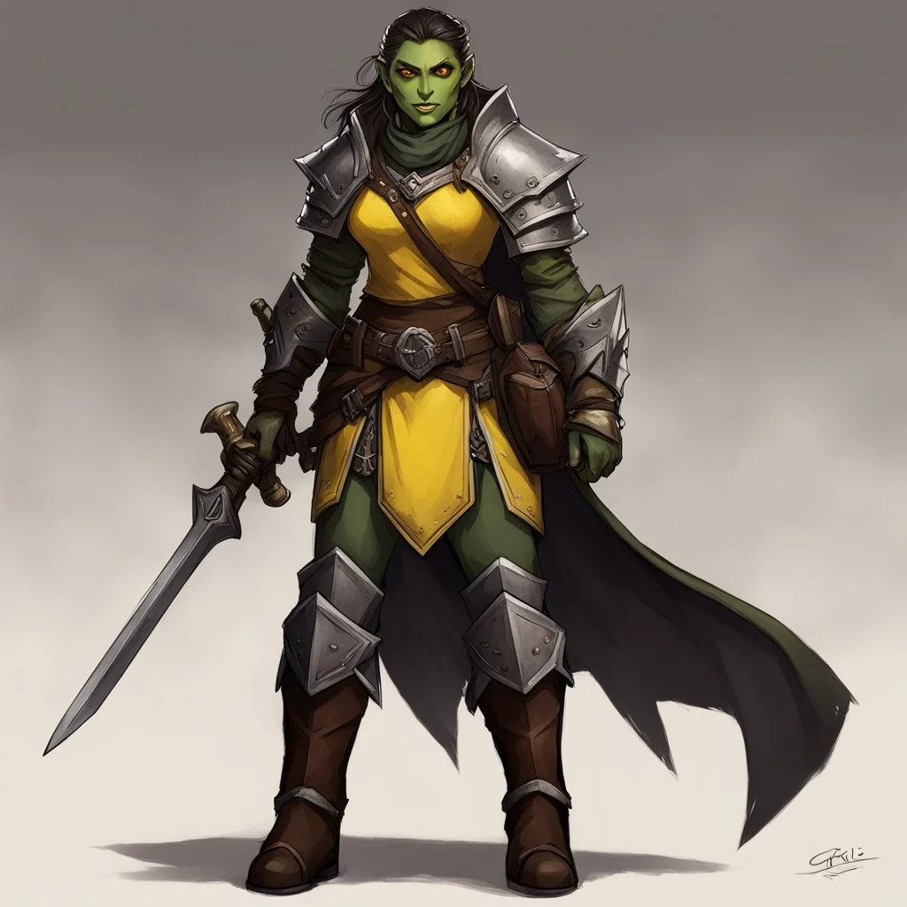 Griz the half-orc cleric with her leather boots. You recall her striking appearance: greenish skin marked with ritual scars, yellow eyes that burned with a rare intelligence. She was an outcast among her own kind, drawn to divine magic despite the taboos. Griz's yellow eyes follow your approach, her stance shifting subtly as you draw closer. The ritual scars on her arms pulse with a faint inner light.