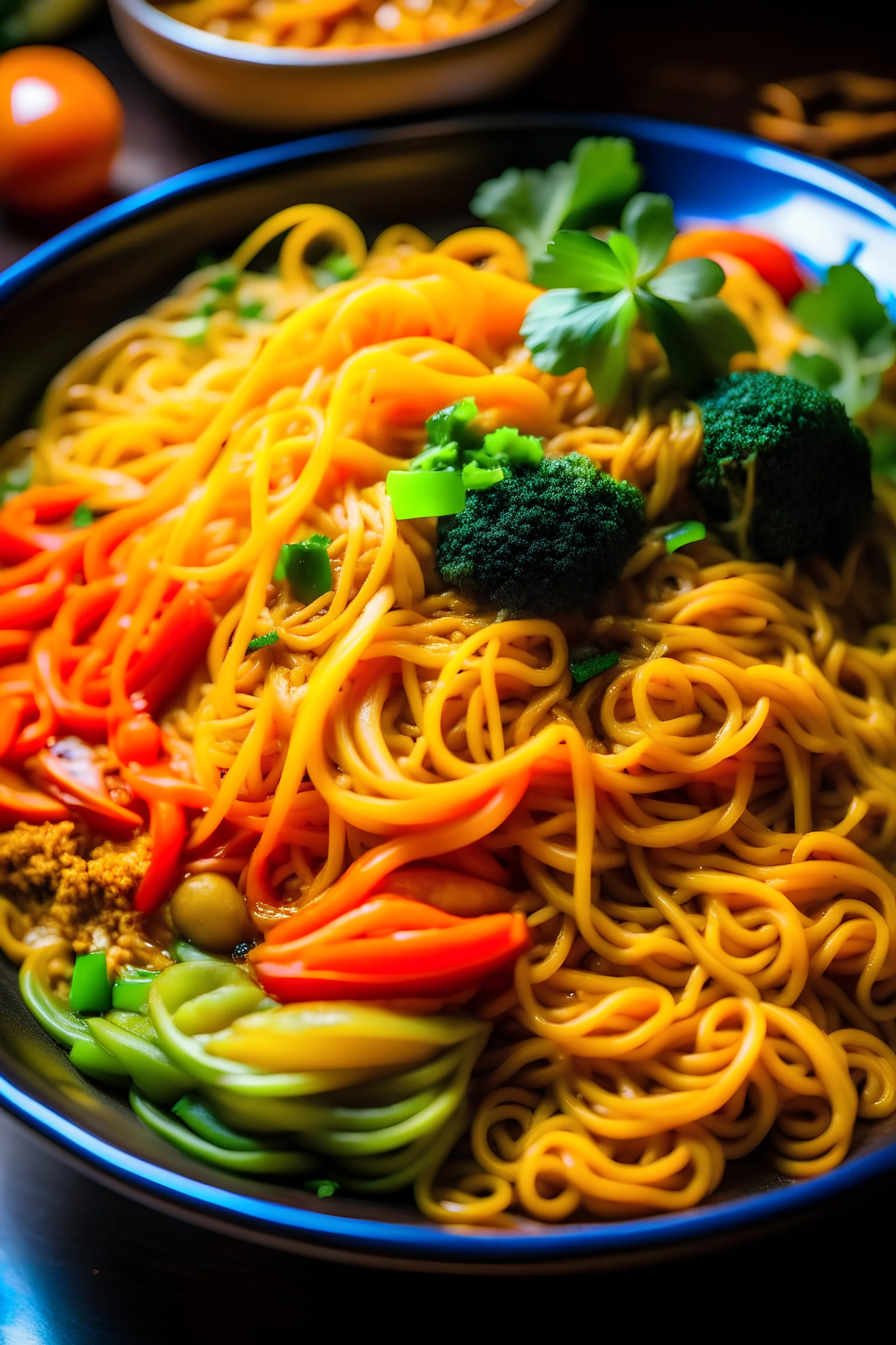perfectly cooked , golden brown noodles with colourful vegetables