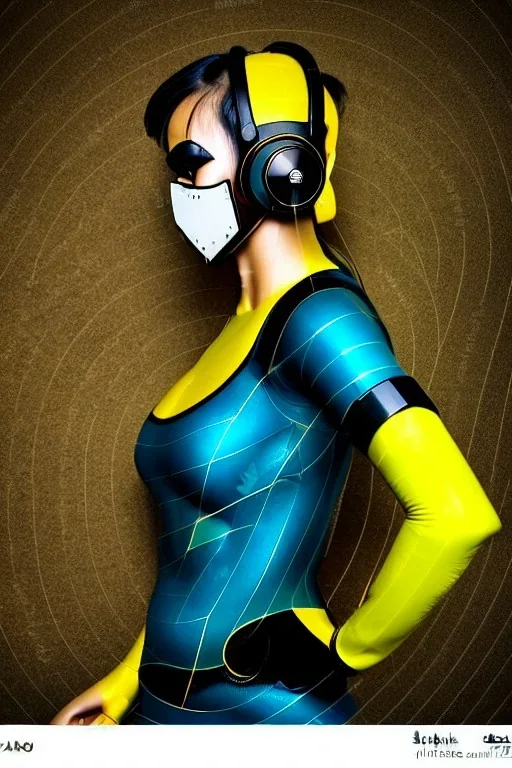 Realistic photograph. Geometric 3D tiling on the background, woman, Whip. Bronze color, Yellow, Black Cyan. Cyber-punk full-mask. Big old AKG headphones, golden rings & disc. Selfie both hands. Asian, lightly armored, electronic circuits. Thick tights, thick calves, bend fell, wide hip, flat belly. Ancient artifact attached. Perfect body. Matrix movie clothes, Silver leather area, tippet, latex. Wicked sneakers. Daft Punk, Tron Movie. Egyptian Haute Couture. 1990's. Ancient telephon