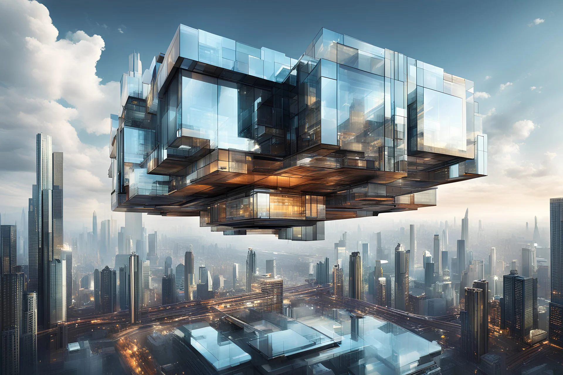 A square house suspended in the sky, modernist architecture with a reflective exterior, overlooking a bustling futuristic cityscape, the atmosphere filled with a sense of urban excitement and technological advancement, Architectural digital artwork, created using a combination of 3D modeling and digital painting techniques