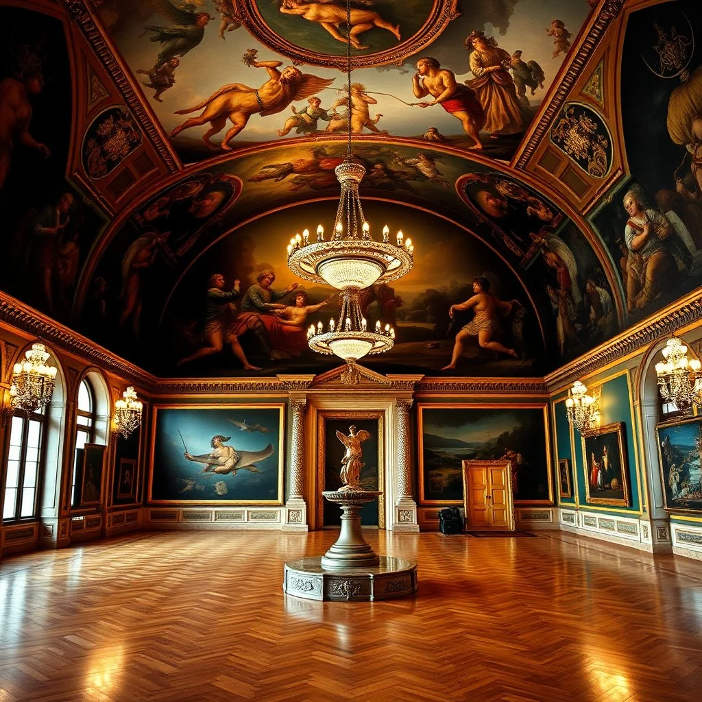 give a photo of a luxury musium hall with most famouse painthings of world