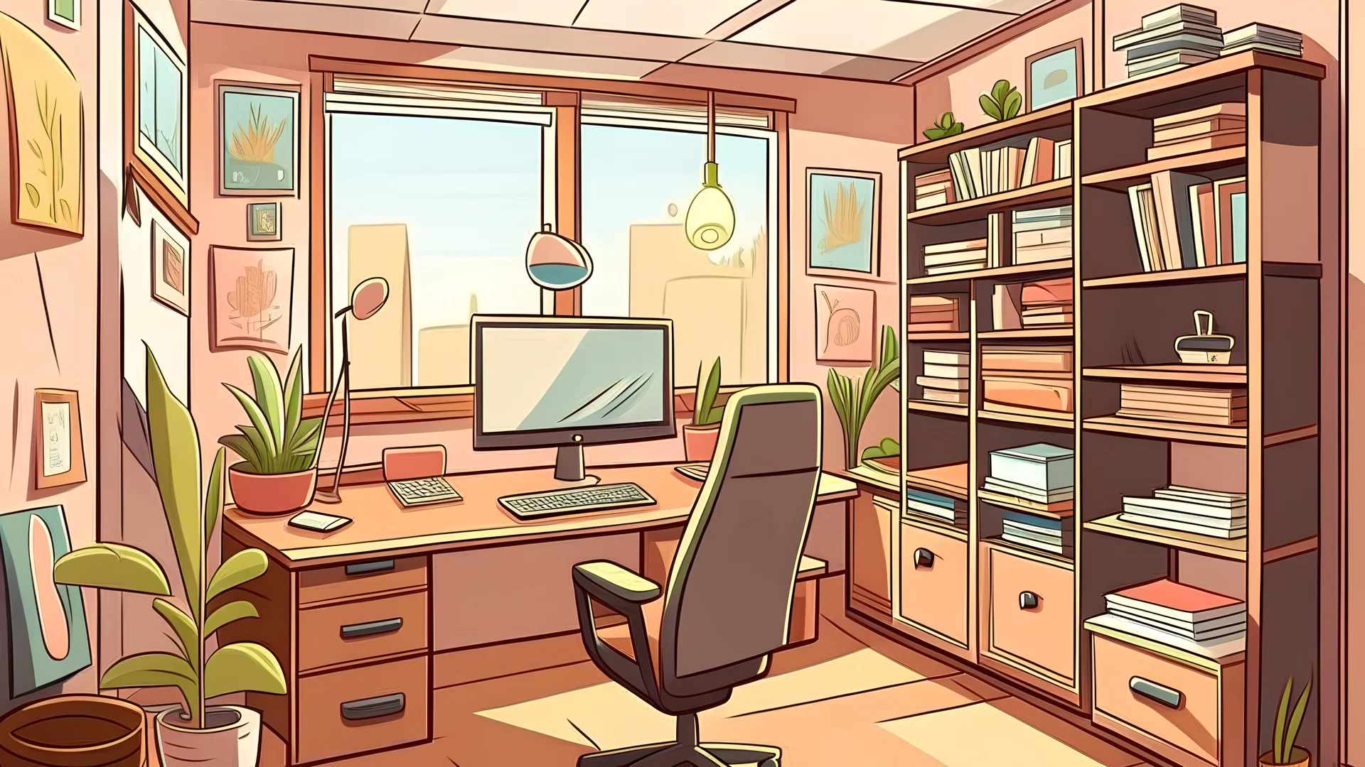 a tidy and cozy office in a cartoon style