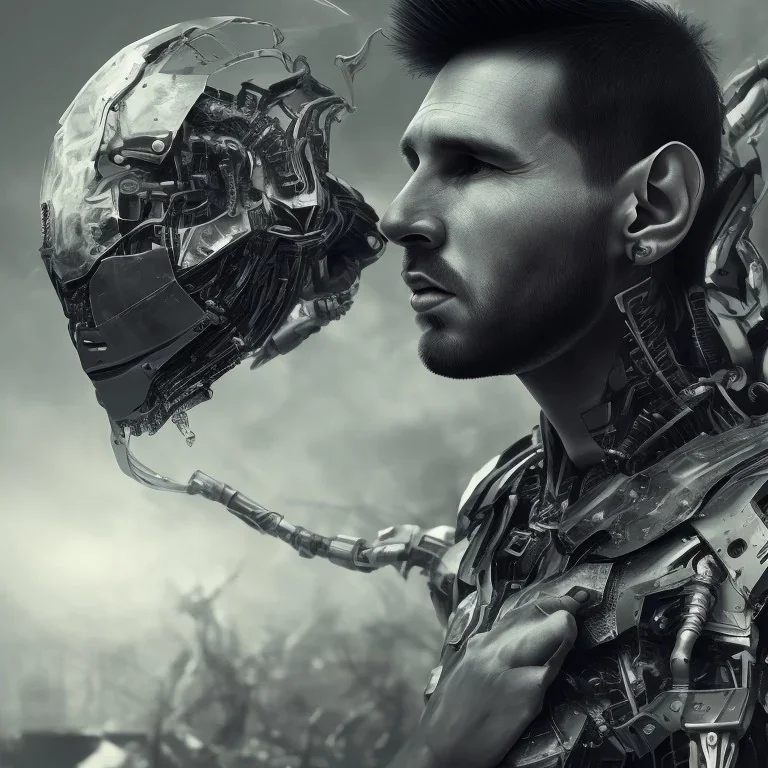 lionel messi champion perfect face and portrait post-apocalypse perfect cyborgs in a footbal stadium, sci-fi fantasy style, 8k,dark