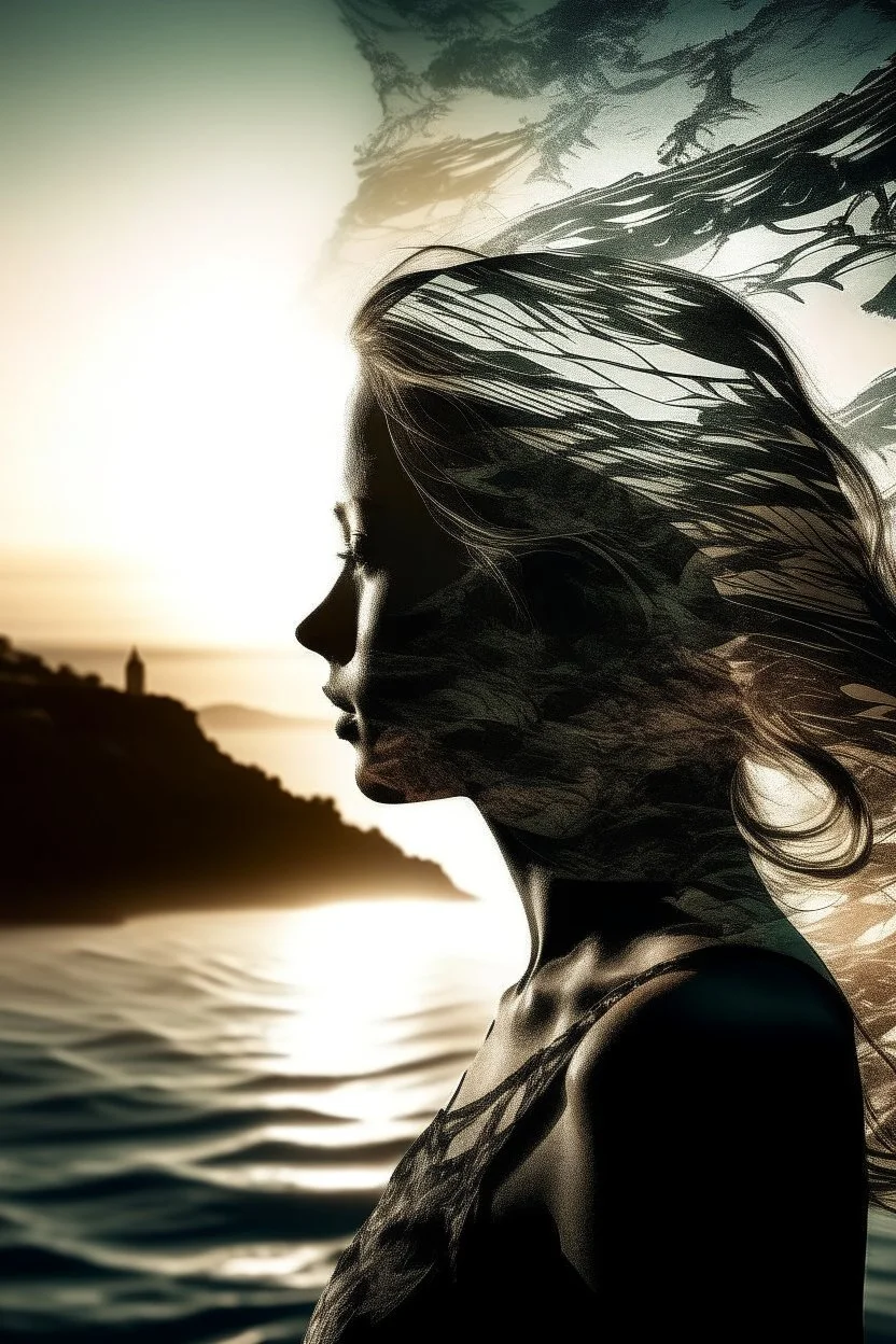 high quality, 8K Ultra HD, A beautiful double exposure that combines an goddess silhouette with sunset coast, sunset coast should serve as the underlying backdrop, with its details incorporated into the goddess , crisp lines, The background is monochrome, sharp focus, double exposure, by yukisakura, awesome full color,