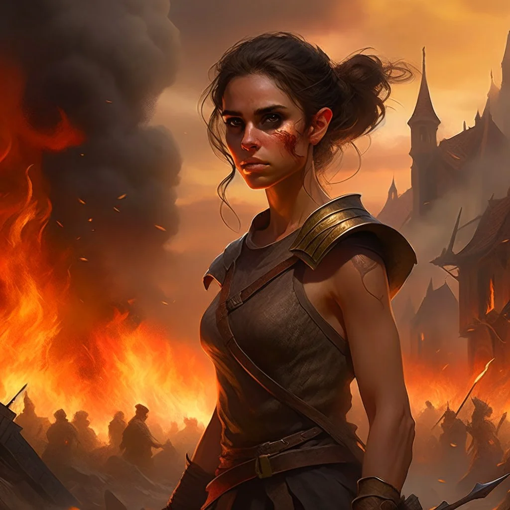 a dark haired tiefling woman in a sleeveless battle outfit, a face like emma watson, amidst town ruins with fires burning, photo quality