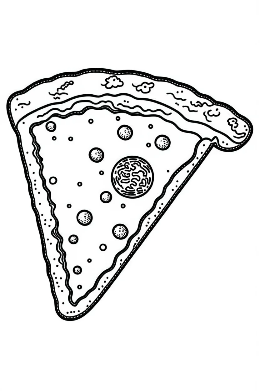 DRAW FOR COLORING OF A SLICE OF PIZZA, CARTOON STYLE, LOW DETAILS, THICK LINES, NO SHADING, NO COLOR