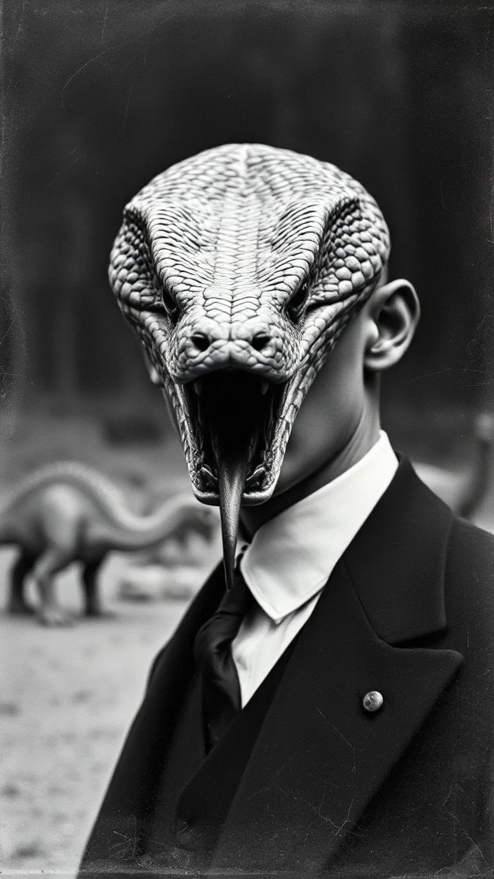 An old picture style of black and white mono very bad quality looks very old camera picture with cracks of a a man wearing a black suit his Face Is a cobra snake face , the year 1900 in the background from a distance dinosaurs