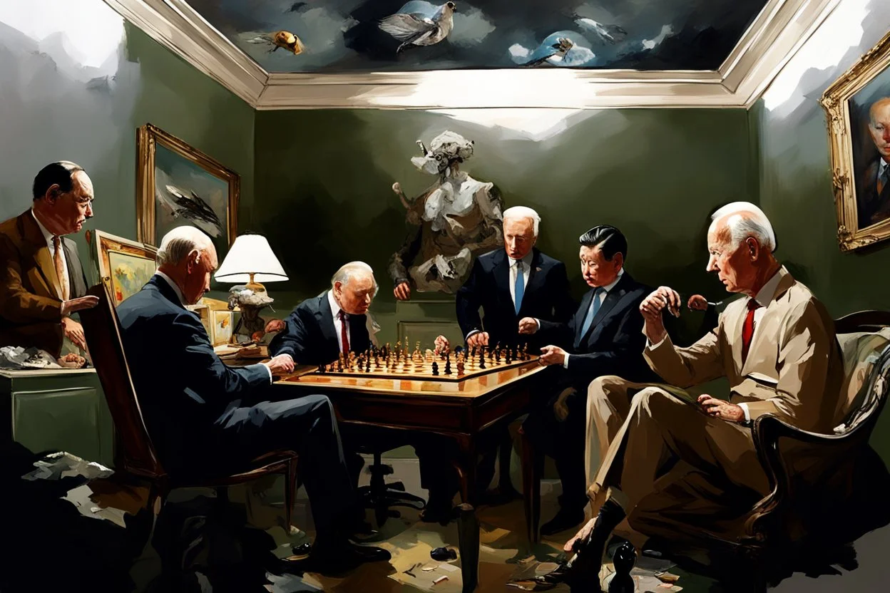 Putin, President Xi Of China And Joe Biden Play Chess With A Pigeon,Ufo And Atomic Bomb Mushroom Cloud,Complex Surgical Instruments Intermixed With A Newborn Boy,Minimalism,Painting By Adrian Ghenie,Rene Magritte,Pablo Picasso,Michelangelo,Salvador Dali,Lucian Freud