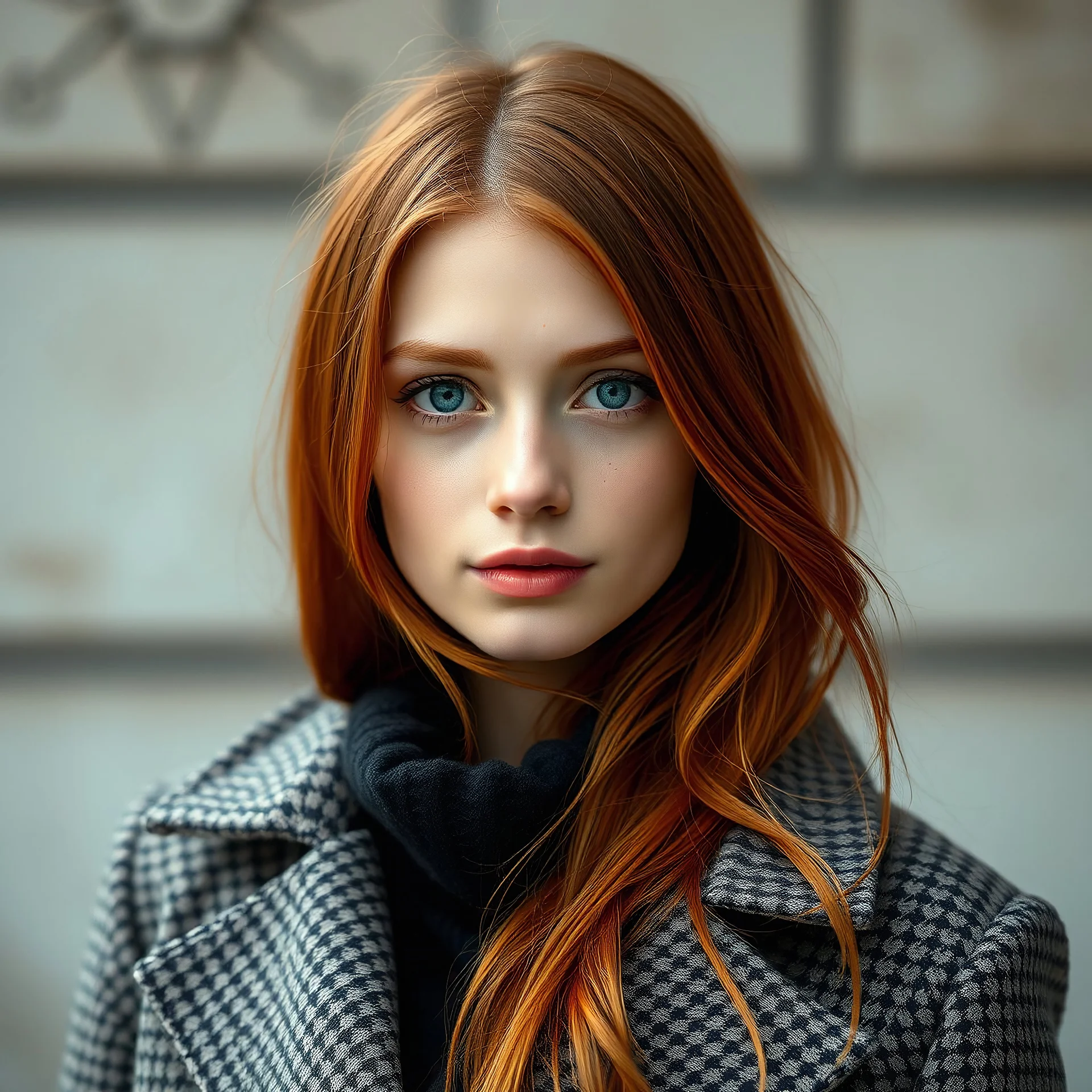 A fashion-forward portrait of Katia Miladinova, a 21-year-old Russian woman with long, silky red hair and captivating green eyes, showcasing her seasonal style. Her smooth fair skin and freckles are accentuated by the soft lighting, and the intricate details of her outfit add depth to the image, creating a realistic and fashionable portrayal.