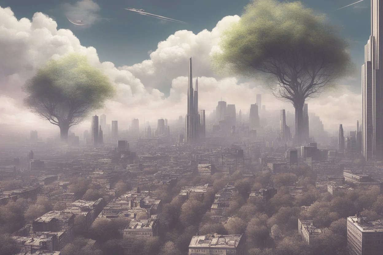 city, sci-fi, clouds, spring trees, people, gary numan influence