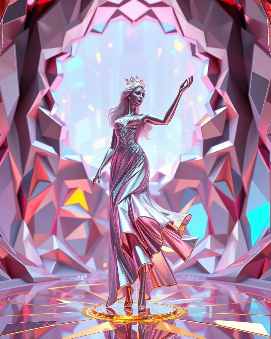 very complex structure ,pretty viberating color environment 3d metalic and crystal recursive animating beveled geometric base very complex structure future world evolving background and goddess lady in pretty cleric dress comes out dancing gracefully , viberating color moving very in modern city escap environment while camera tracking it.
