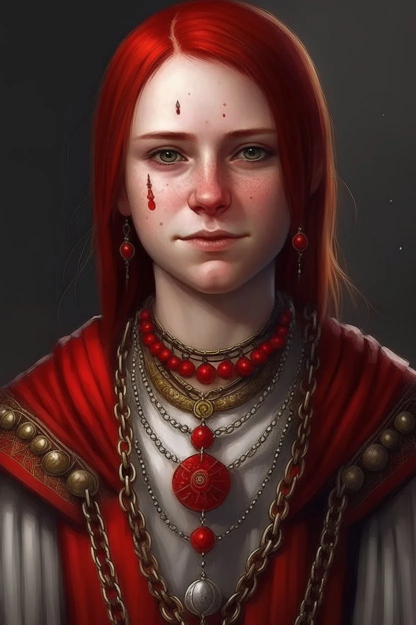 portrait of a young female human cleric with a necklace of red beads wearing scale mail