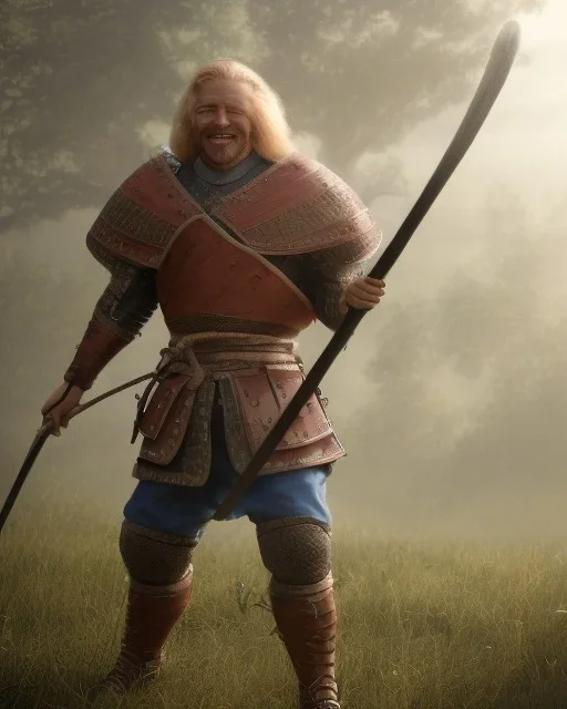 strong medieval men warrior with blond short hair, blue eyes and wide warm smile with an axe with green and brown clothes