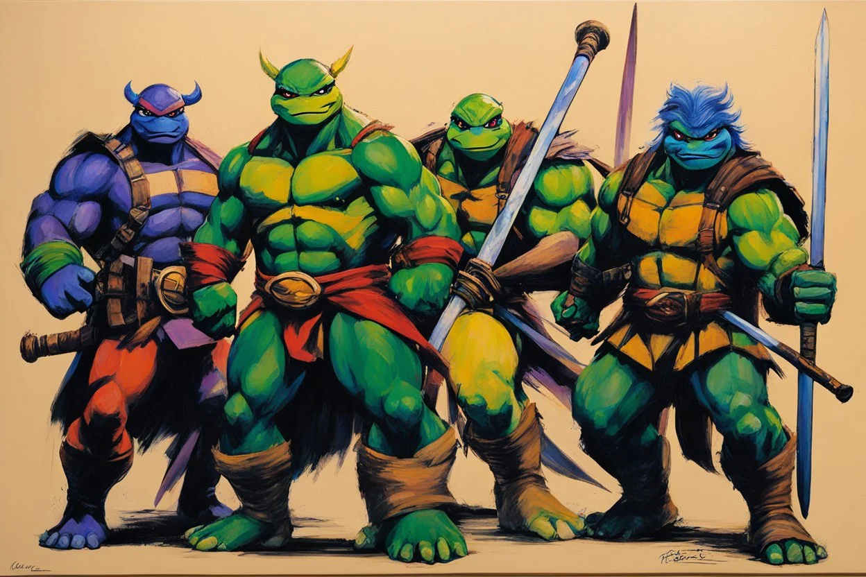 (Art by Brion Gysin), TMNT leonardo's katana, michelangelo's nunchaku, donatello's bo staff, raphael's sai, huile sur carton, 60 x 84 cm