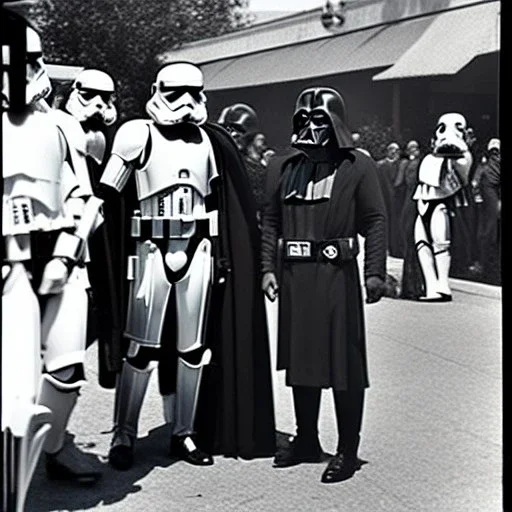 Creepy old photo of star wars type people out shopping at old town