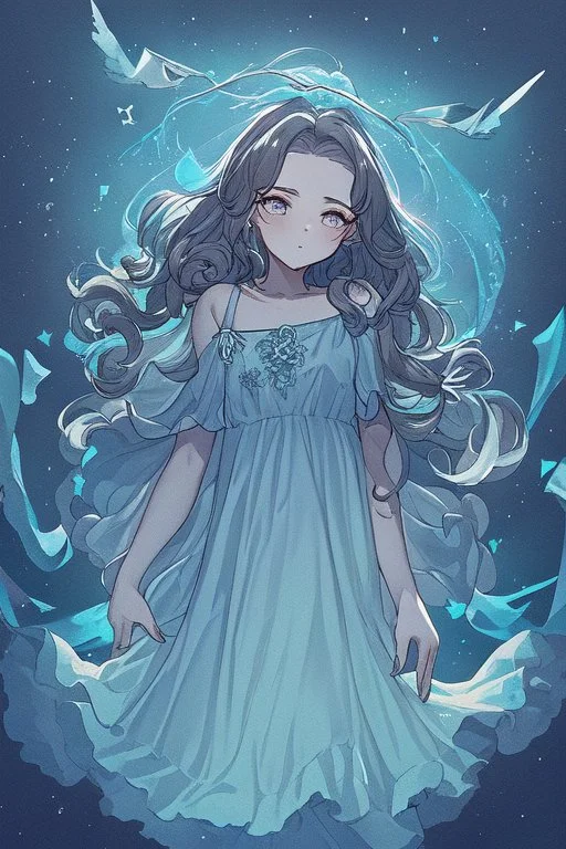 Wendy Darling: In her late teens, Wendy is portrayed with sophistication, maturity, and a dash of adventure. Her hair is swept back loosely, a few curls tumbling onto her forehead. Her eyes, blue as the Neverland sky, hold a spark of determination and resilience. She wears a modernized version of her traditional nightgown, now a stylish white blouse, matched with a fashionable pendant that hints at a pirate's treasure. A soft, blurred silhouette of Neverland forms her backdrop. The lighting is s