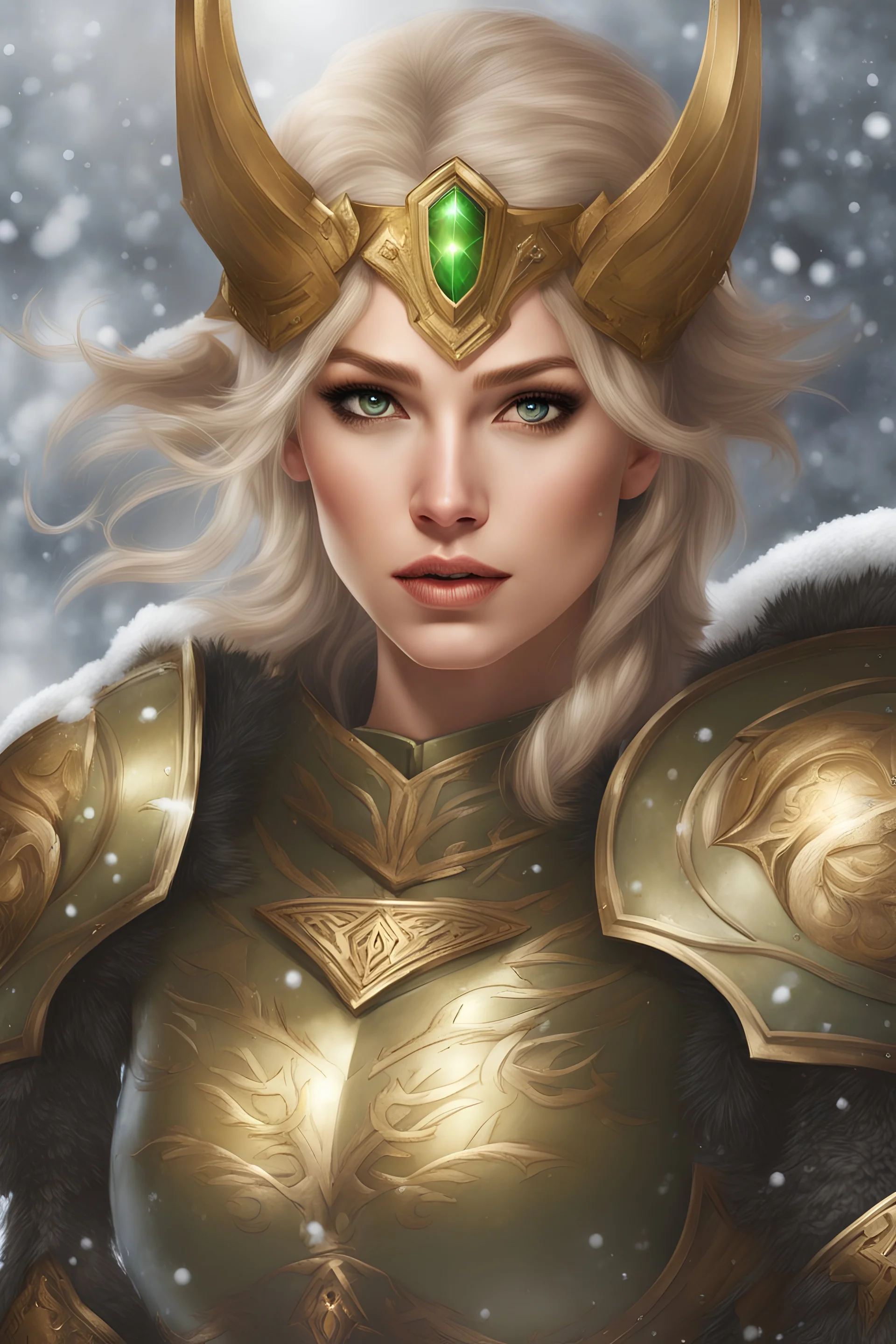 Fantasy art, woman valkyrie, blond short hair, beautiful woman, golden armour, snow background, green eyes,