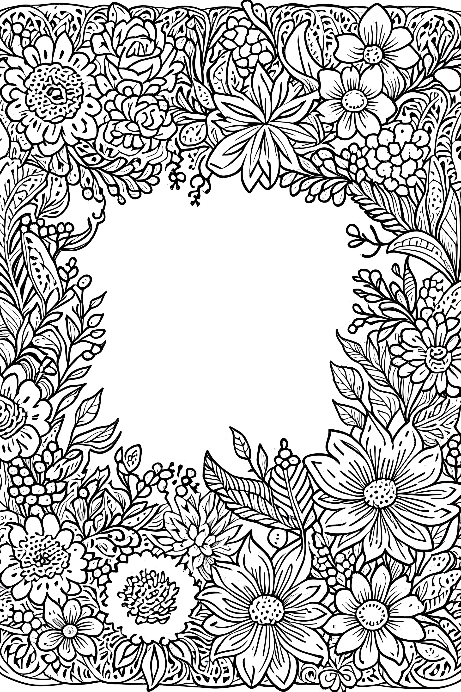 black and white wide beautiful frame made out of flowers for coloring pages, use a lot of big flowers in the frame, go all the way to the edges for the frame and leave a lot of space in the middle of the page, use only black and white, clear crisp outlines, no black background, go all the way to the outer edges of the page, use more space in the center of the page, make it rounder, use less shading, use more space in the center of the page, widen the frame, open up the frame