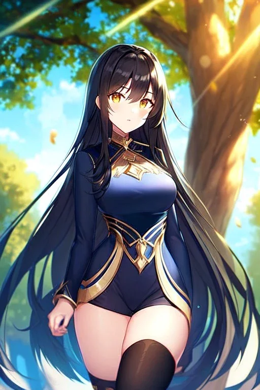 girl, masterpiece, best quality, volumetric lighting, detailed outfit, perfect eyes, black hair, golden eyes, long hair, thigh highs, outdoors, under tree,