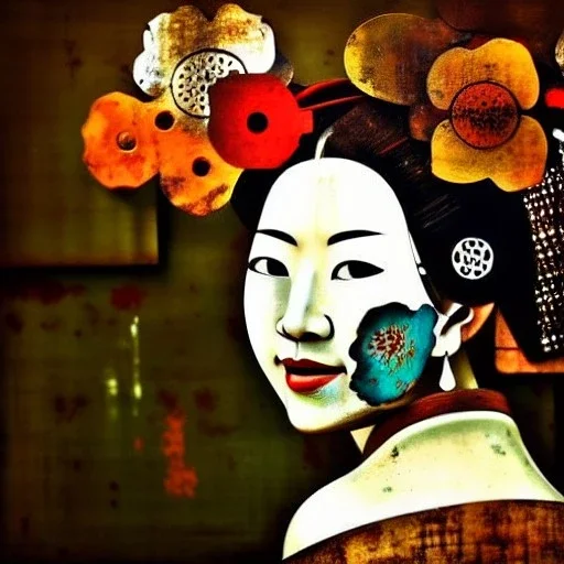 an abstract painting of rusted metal and flowers, beautiful smiling Geisha portrait, rust, scaffolding, iron cladding, decay, mixed media, textured, anatomically correct, beautiful perfect face, sharp focus, highly detailed by Johannes Vermeer 8k