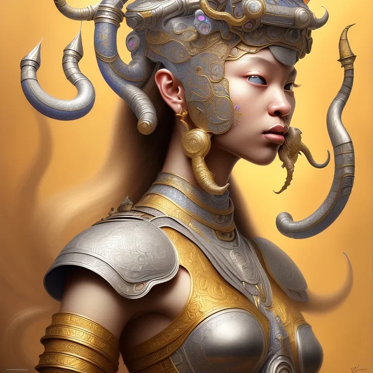 Sango fantasy, fantasy magic, intricate, sharp focus, illustration, highly detailed, digital painting, concept art, matte, art germ and Paul Lewin and Kehinde Wiley, masterpiece silver elephant head bronze Buddha Asian African girl nice breast Hawaiian hair turquoise golden waves