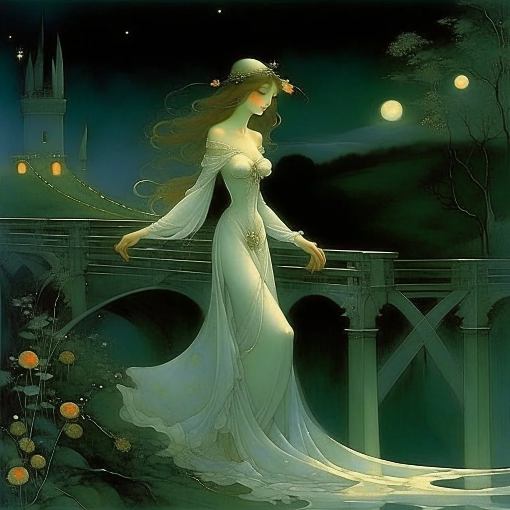 THE GHOST IS STILL DANCING AT NIGHT ON THE OLD COUNTRY BRIDGE. Alphonse Mucha. Leonor Fini