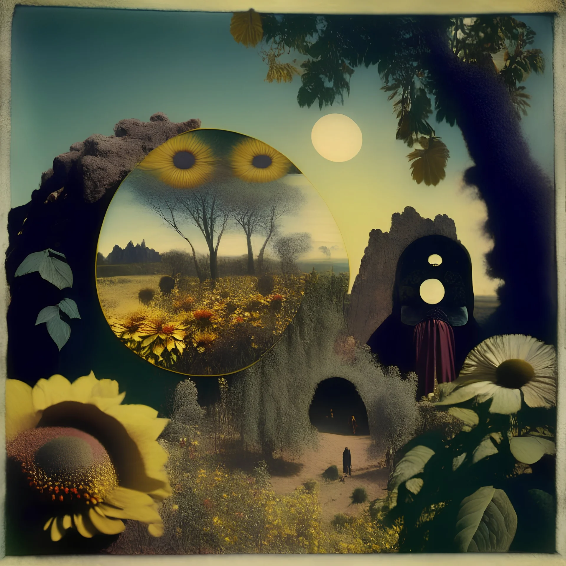 High definition polaroid photography of a marvelous landscape, trees, flowers, giant sun, people wearing masks, intricate, rock formations, atmosphere of a Max Ernst painting, Henri Rousseau, thoughtful, Georg Trakl, interesting, appalling, smooth