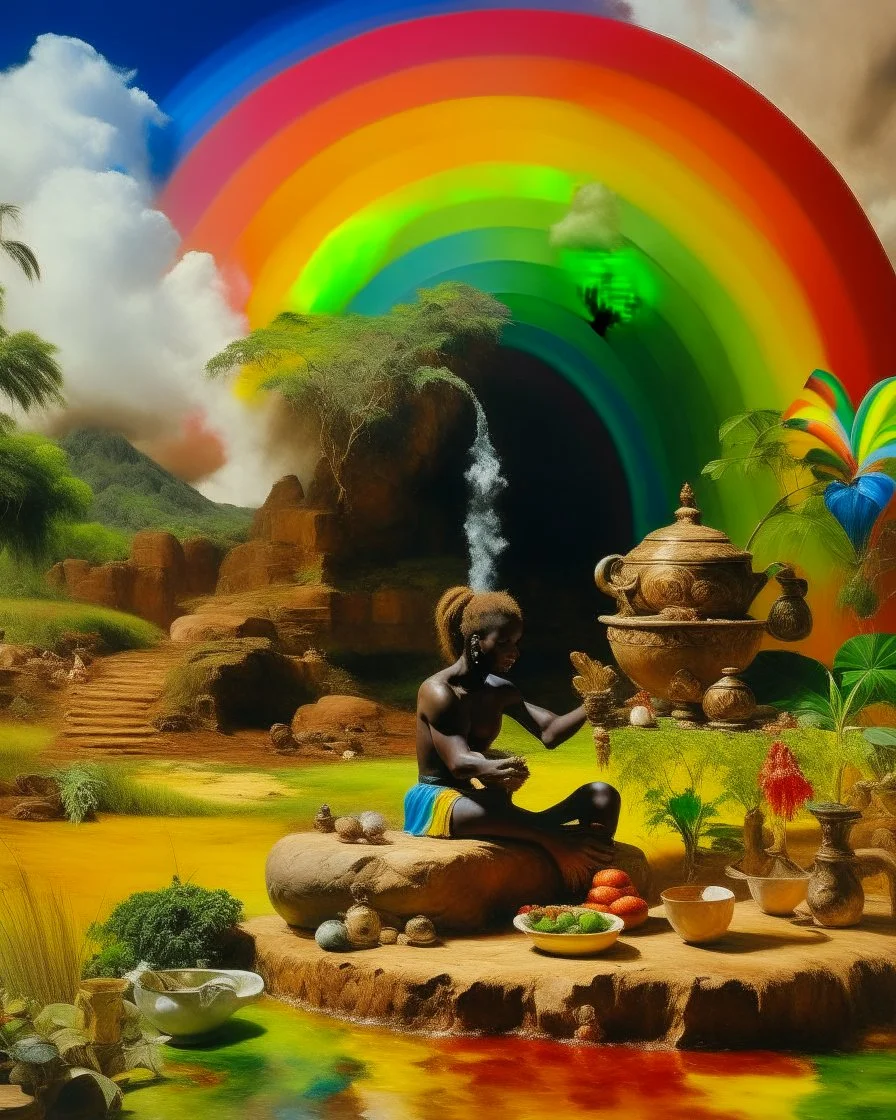 A rainbow kingdom with elements, tactics, and biology designed in African pottery painted by Gustave Courbet