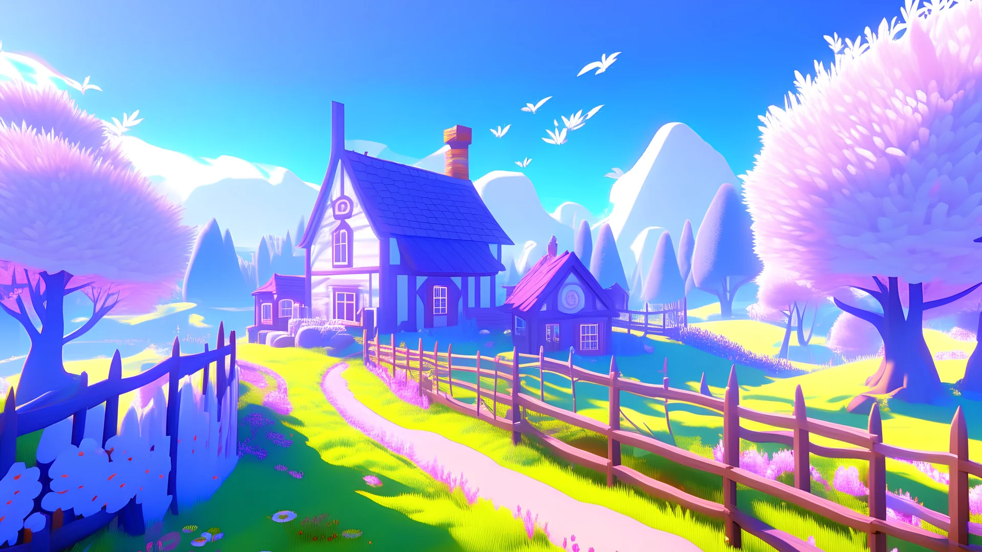 A simple and cute video game environment concept art of a small farm surrounded by nature, the farm has fantasy colours, cute fences,, crops, trees, bubbles, flowers, butterflies, fields, soft and simple, rendered in unreal engine, soft pastel colours, hues, blue, pink, purple, intriguing, peaceful and serene, 3D indie studio