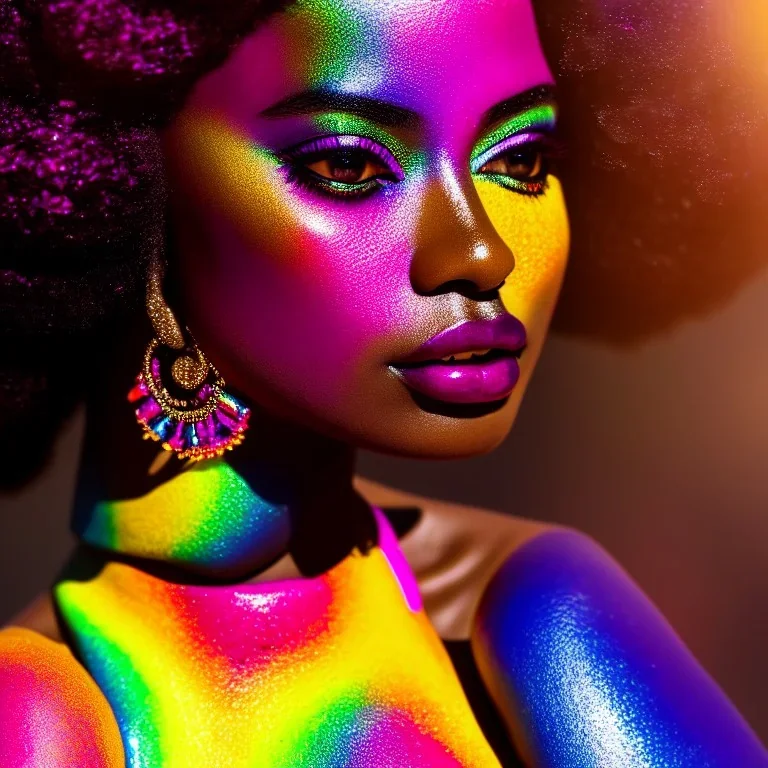 masterpiece, best quality, woman, dark skinned, sparkling eyes, fluorescent skin, colorful makeup, afro, full body shot, highly detailed body, sun light, 4K, RAW, depth of field, high contrast, realistic details, 24mm