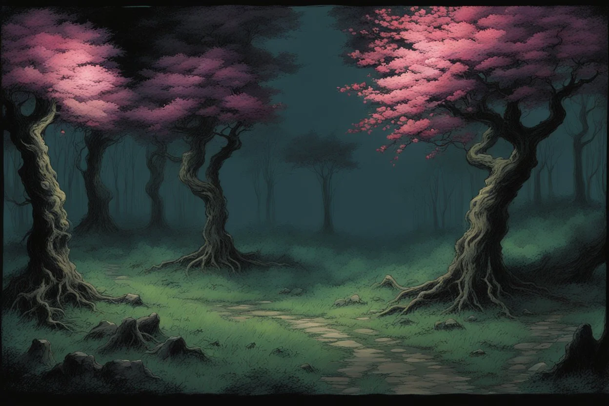 Night, trees, flowers, japanese manga style, horror gothic fantasy spring, rocks, friedrich eckenfelder impressionism paintings